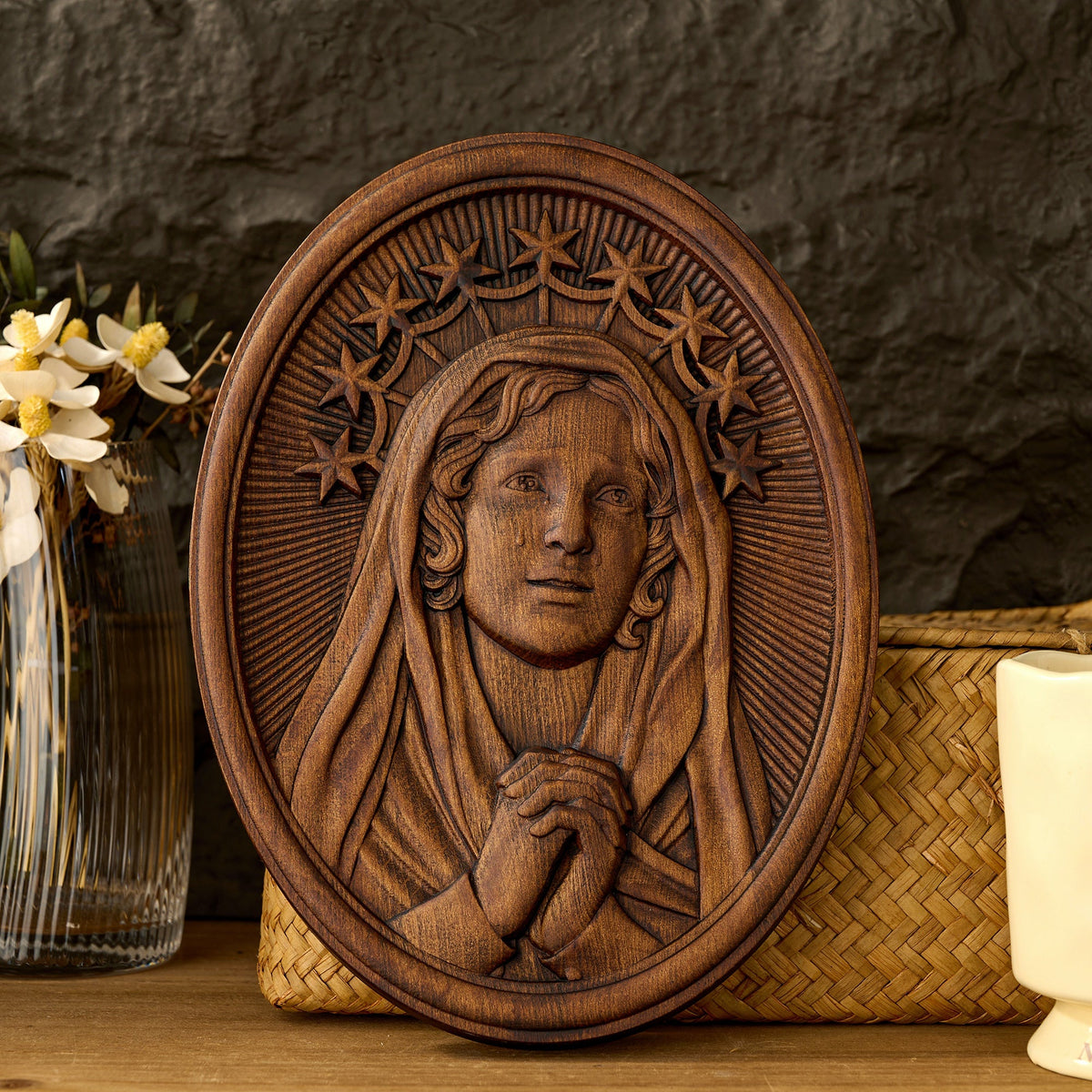 Our Lady in Tears and Prayer with a Nine-Star Halo — Hand-Carved Beechwood Statue - Christian gift presentation
