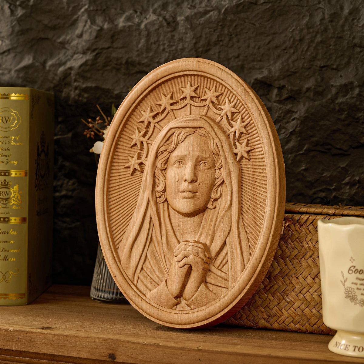 Our Lady in Tears and Prayer with a Nine-Star Halo — Hand-Carved Beechwood Statue - size and finish detail