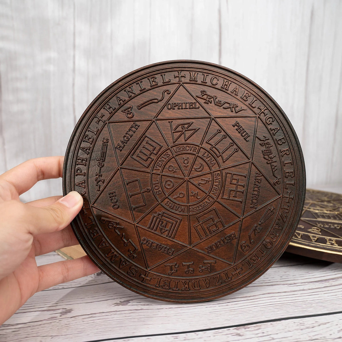 Seven Angels Disc Wood Carving - Amulet to protect against the evil eye, curses and spells - mokarve