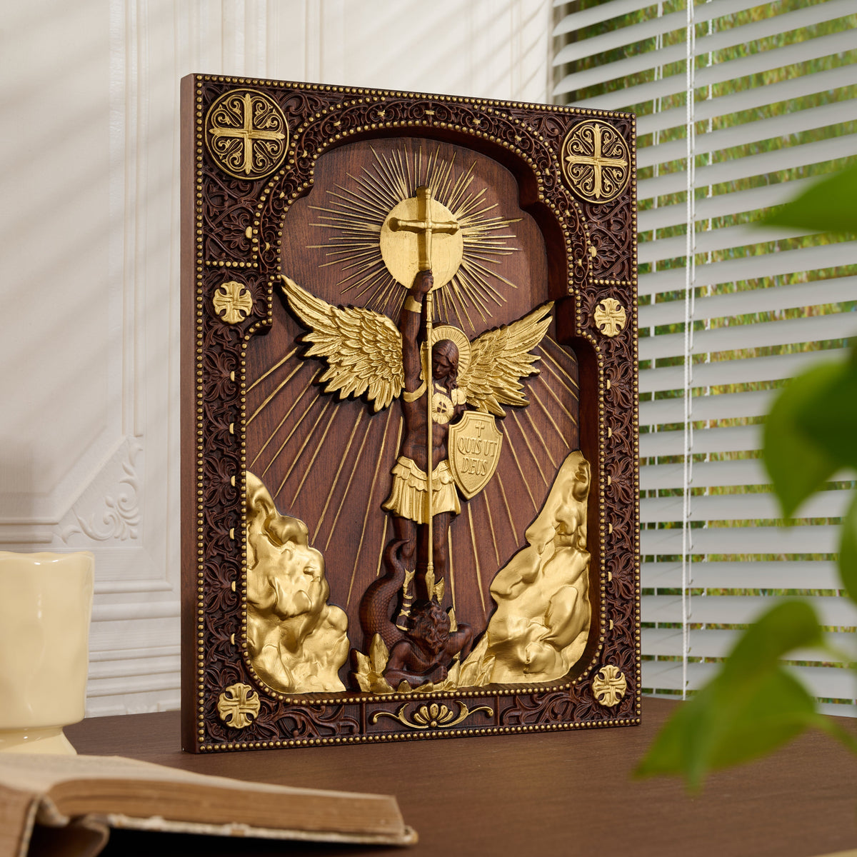 Archangel Michael Square Wooden Icon Religious Gifts - Best Wood Carving Wall Decor - side view