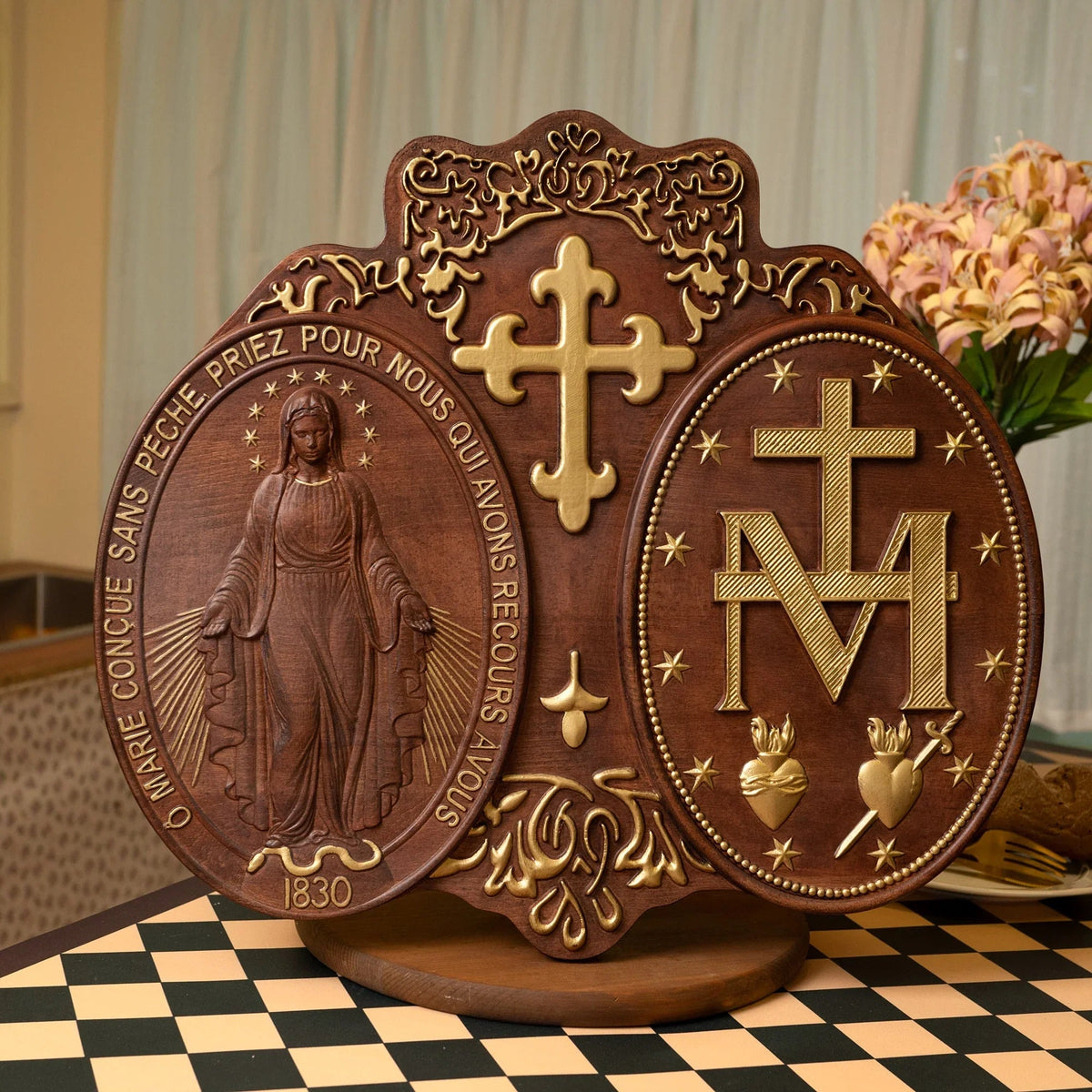 Miraculous Medal Wood Carving Decor - Medal of Our Lady of Graces - mokarve