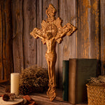 Wood Carving of Jesus Cross with St. Benedict's Exorcism - mokarve