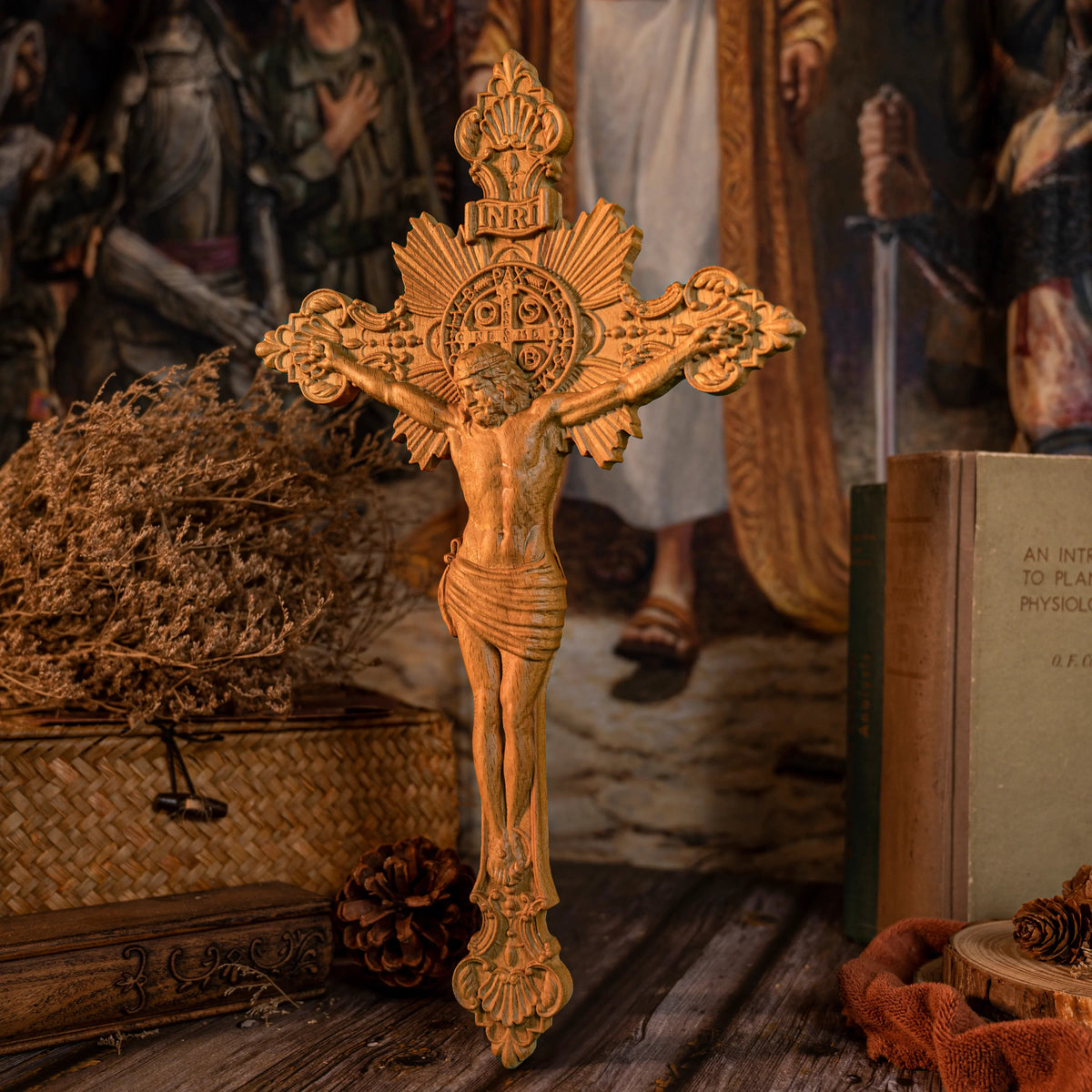 Wood Carving of Jesus Cross with St. Benedict's Exorcism - mokarve