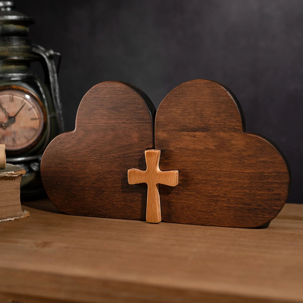 Double Heart Cross Wooden Ornament - Fill the Home with Love - mokarve