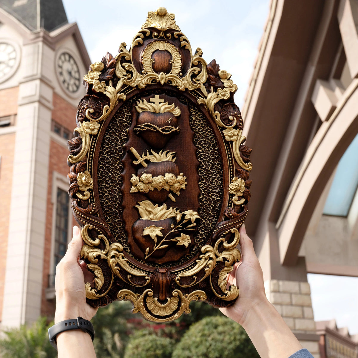 Three Sacred Hearts of the Holy Family | Solid Wood Carving Gift - mokarve