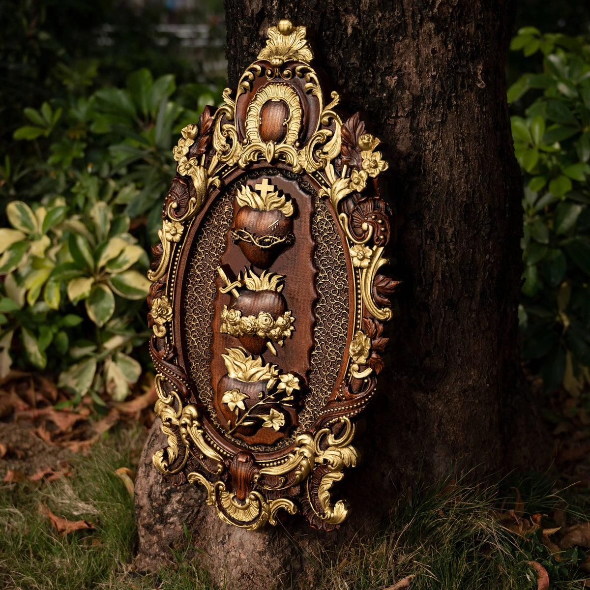 Three Sacred Hearts of the Holy Family | Solid Wood Carving Gift - mokarve