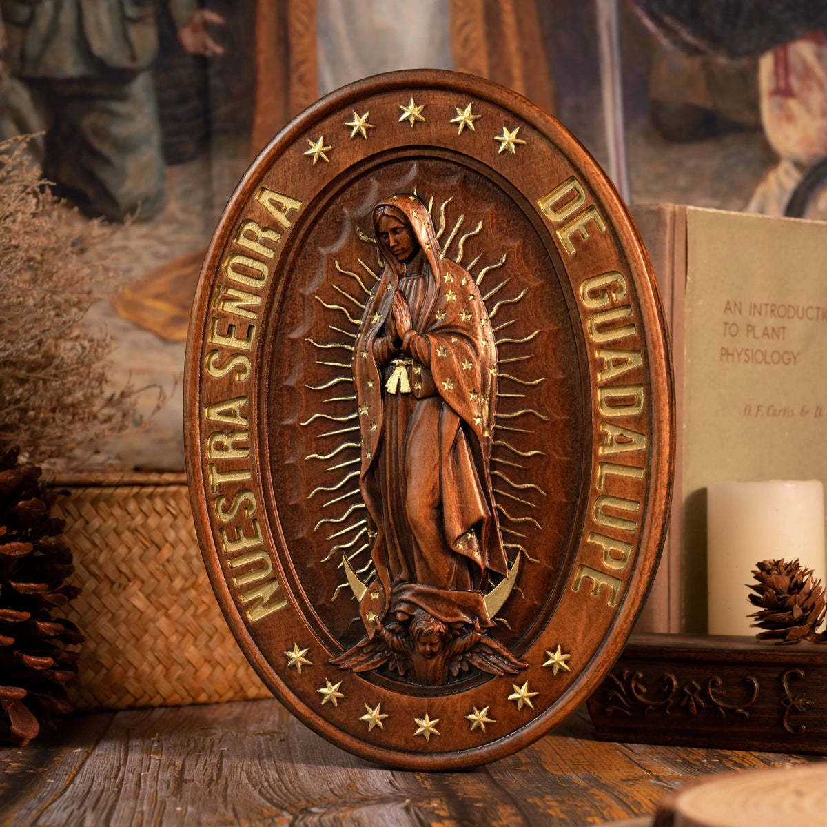 Retro Color Our Lady of Guadalupe Wood Carving -The patron saint of Mexico, America and unborn children - mokarve