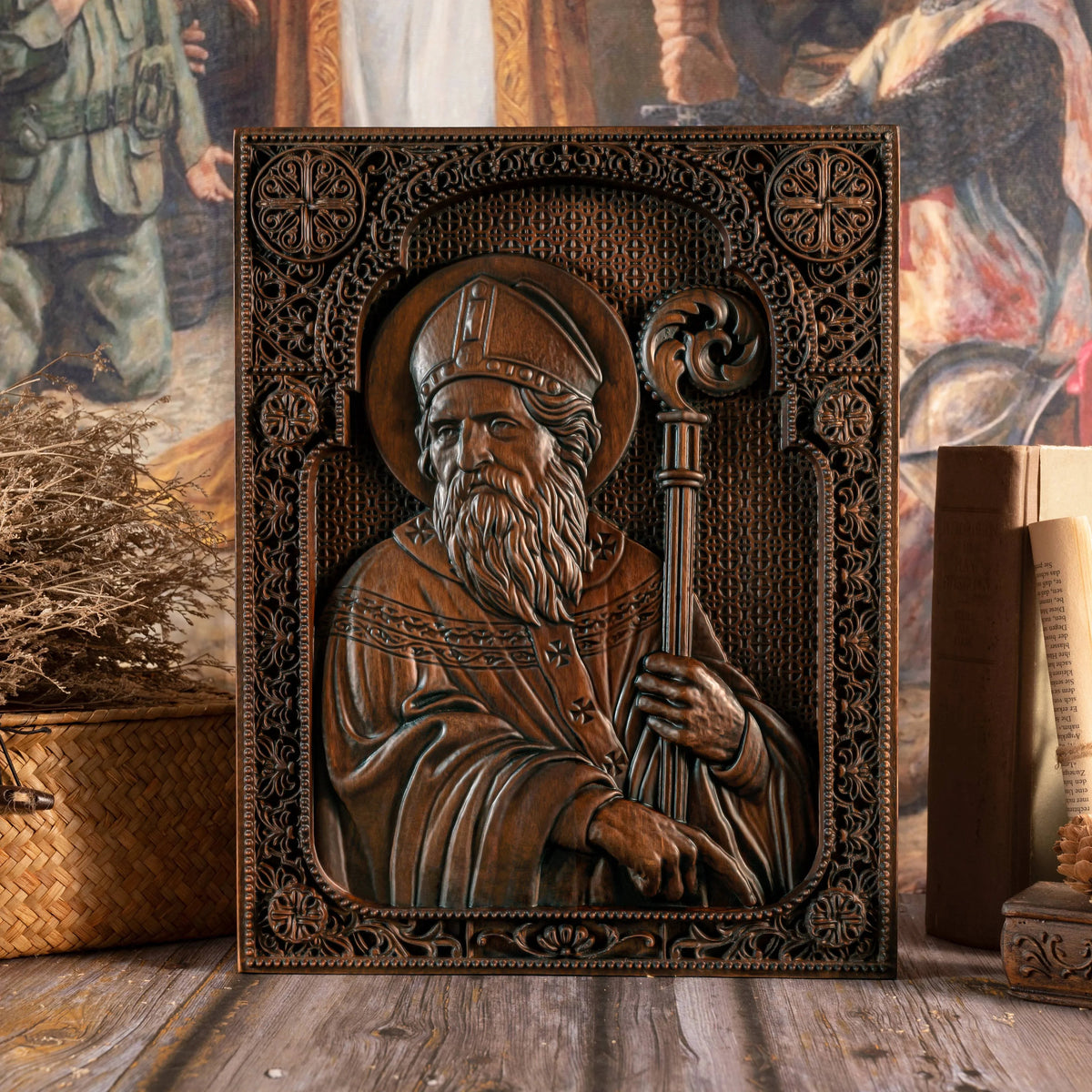 mokarve Saint Patrick Wood Carved Icon Religious Gift Wall Hanging Art Work - mokarve