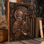 mokarve Saint Patrick Wood Carved Icon Religious Gift Wall Hanging Art Work - mokarve