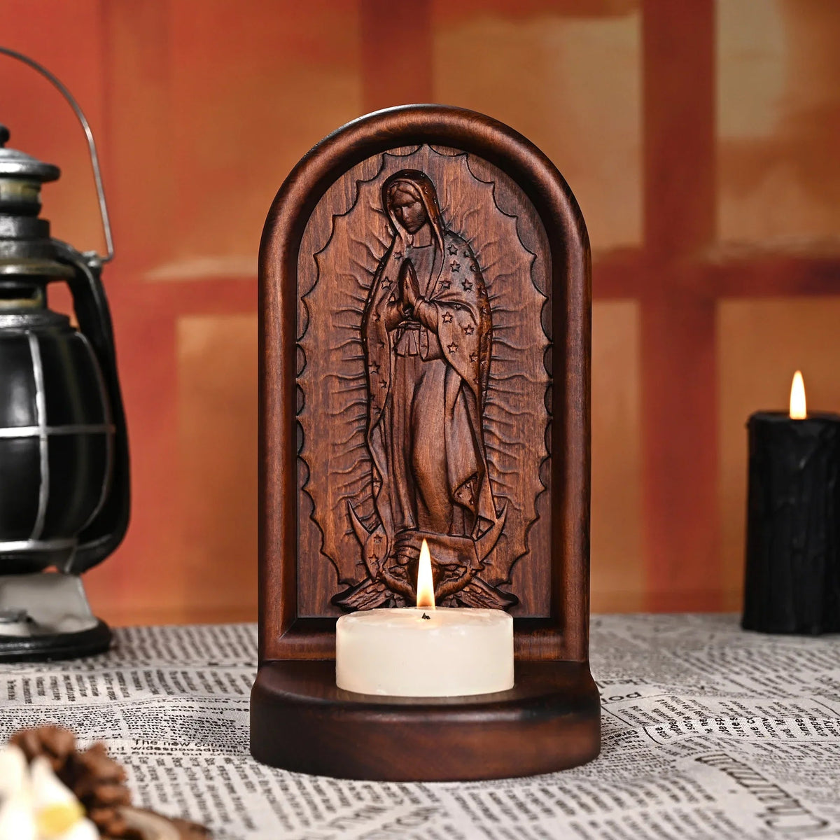 Guatalupe Wooden Candlestick Tabletop Prayer Ornament for Christian home decor and prayer spaces
