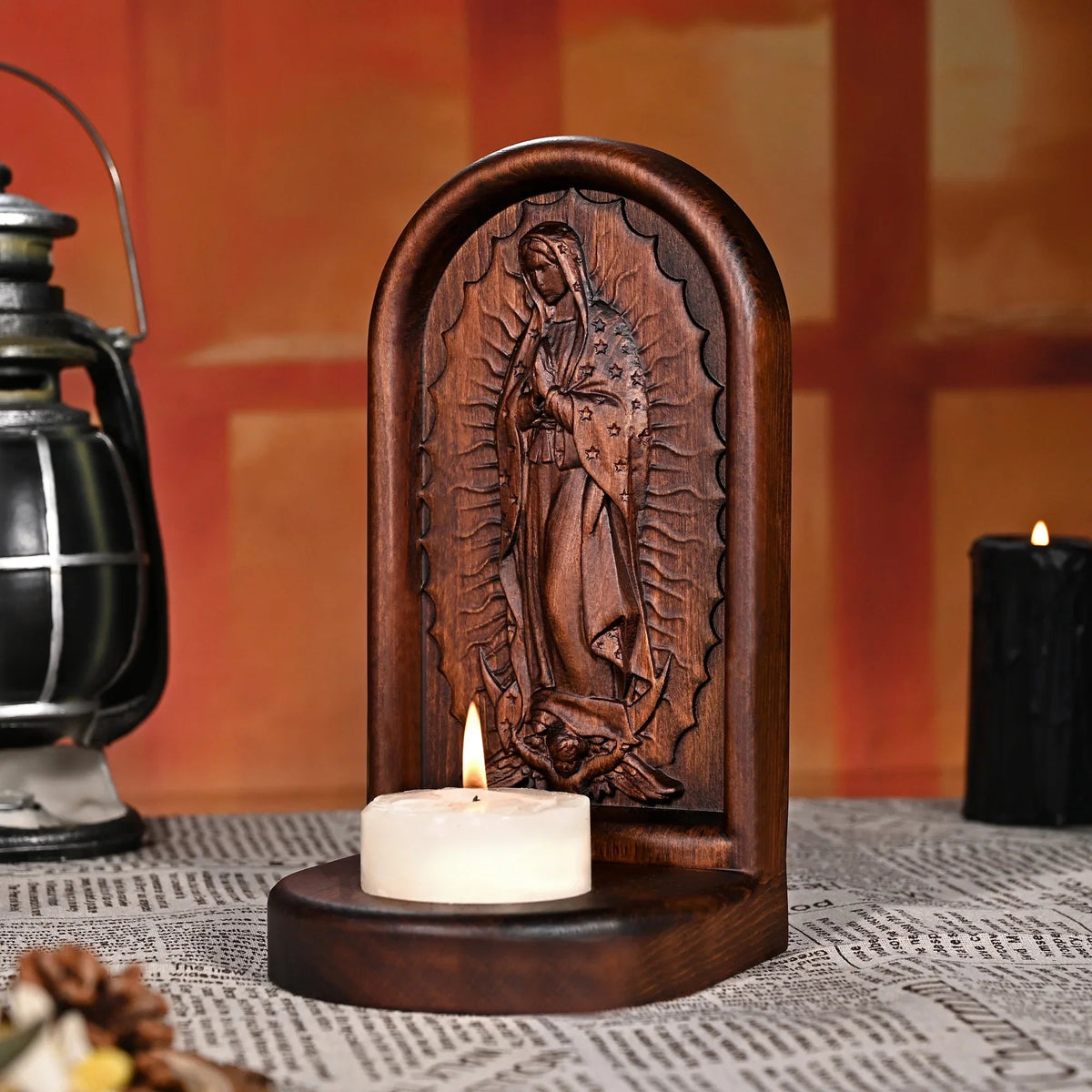 Guatalupe Wooden Candlestick Tabletop Prayer Ornament - mokarve