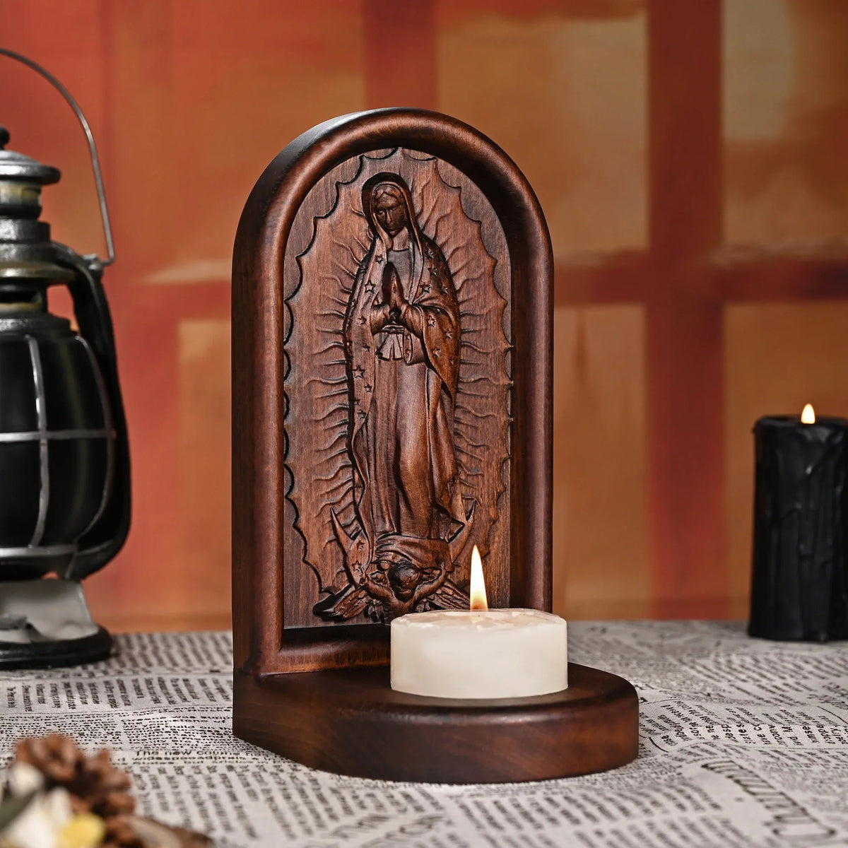 Guatalupe Wooden Candlestick Tabletop Prayer Ornament - mokarve