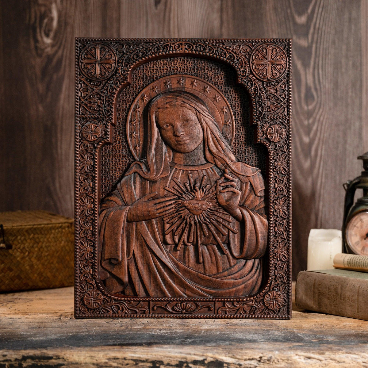 Our Lord Jesus Sacred Heart , Immaculate Heart of Mary Sacred Heart Wood Sculpture - For the FaithfulWood Carving - mokarve