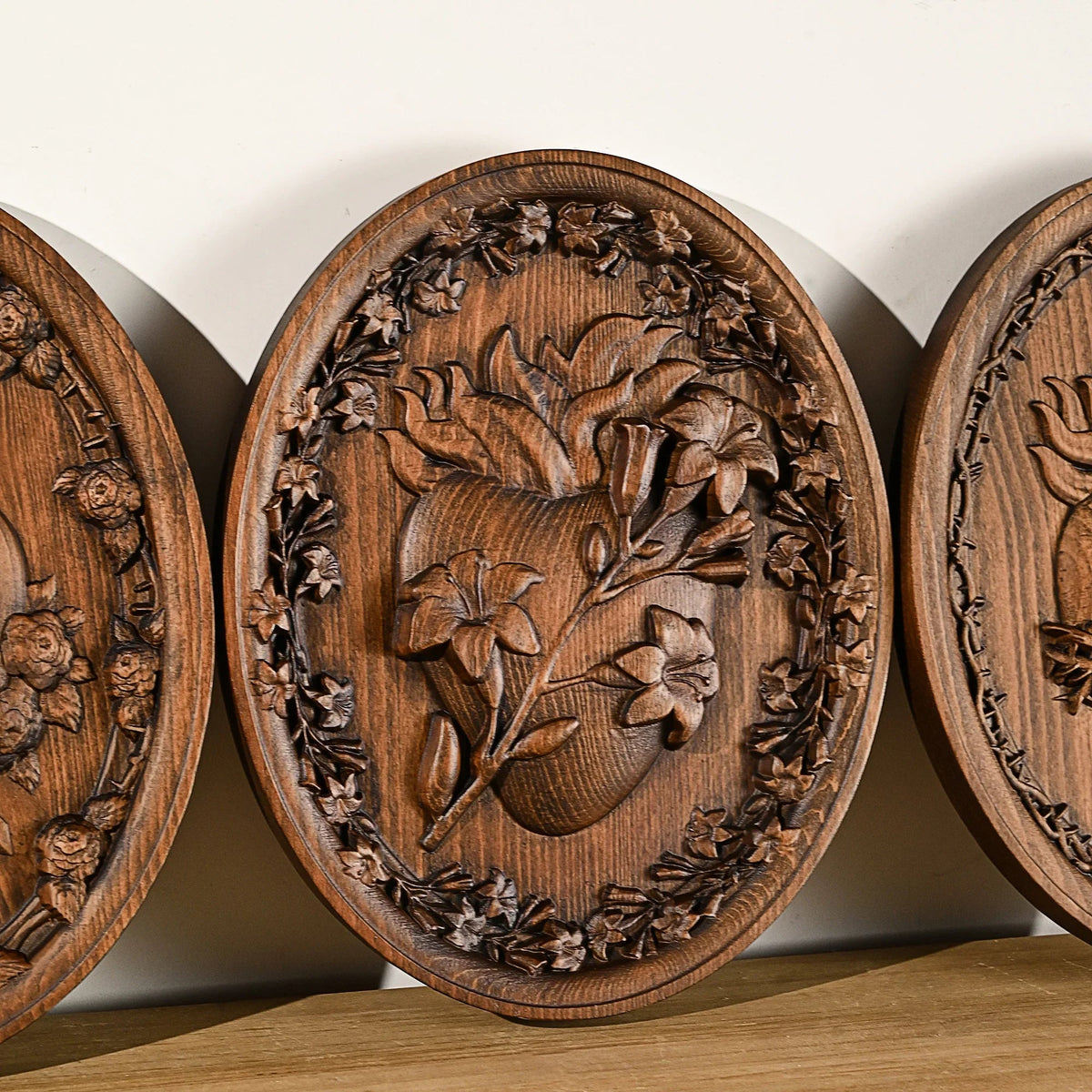 Sacred Family Three Sacred Hearts Wall Decoration Wood Sculpture - mokarve