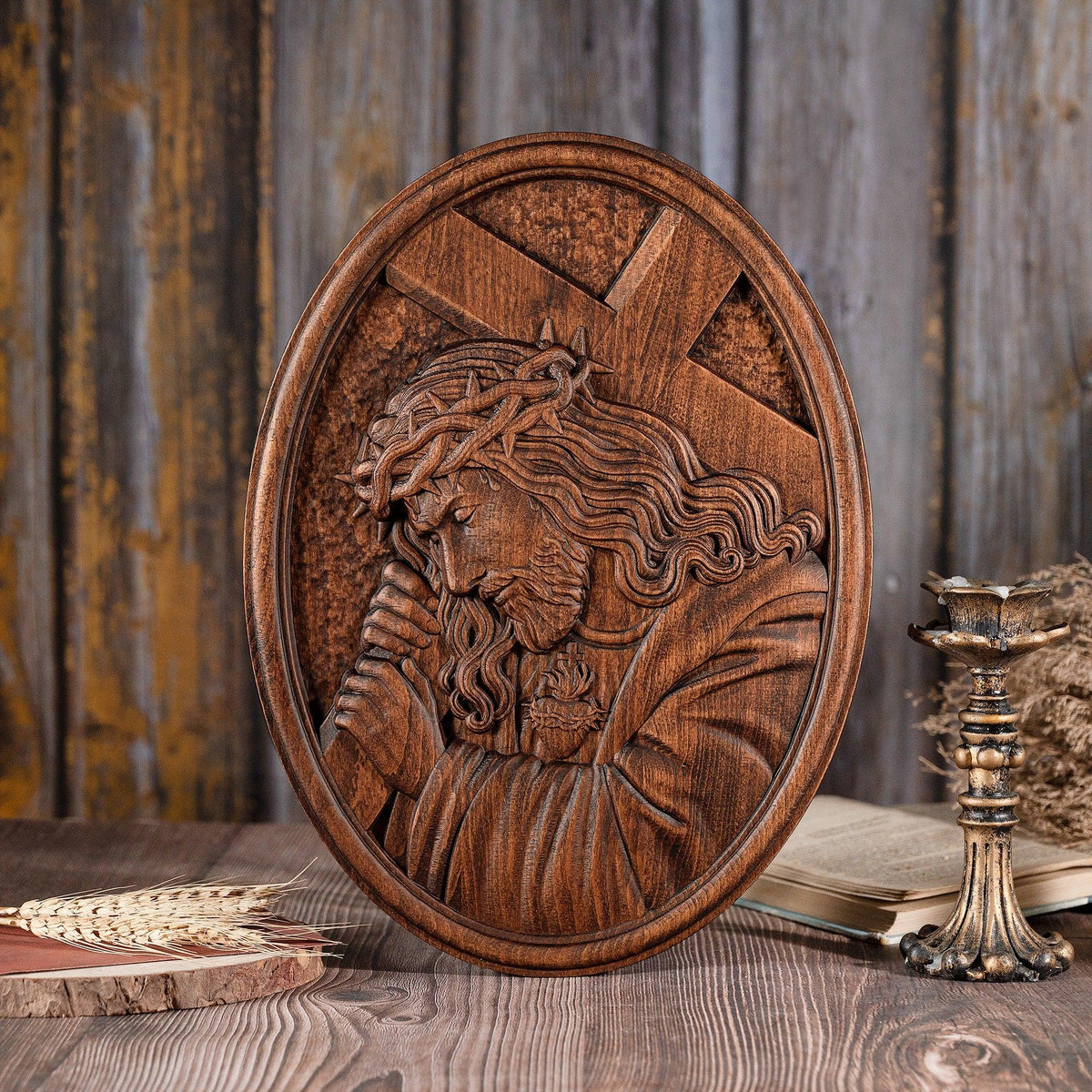 Jesus Crown of Thorns Jesus Inlaid Sacred Heart Crucifix Wooden Sculpture - mokarve