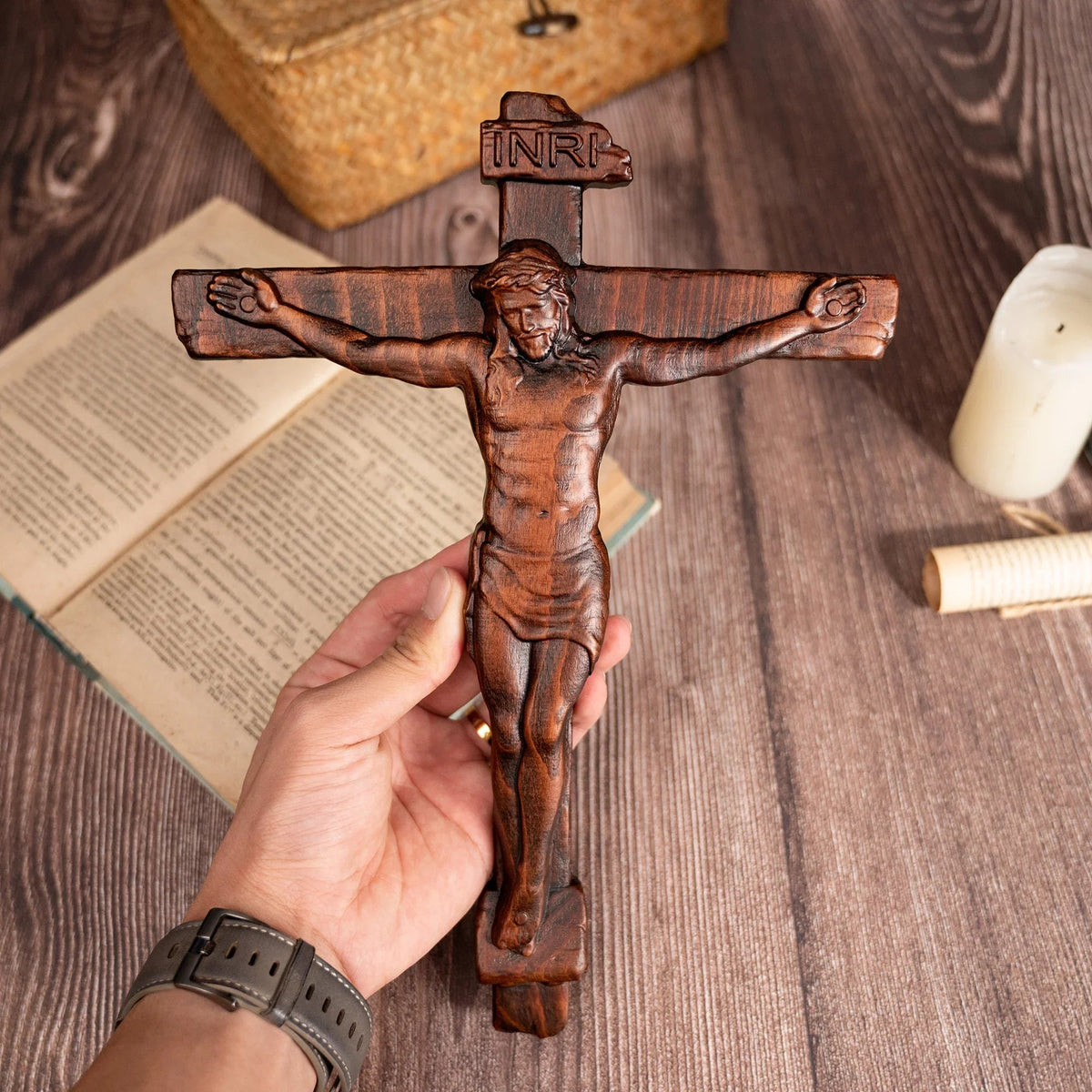 Wood wall Crucifix, Jesus Christ Cross, wooden Cross gift of love (Add a dollar and get a free necklace!) - mokarve