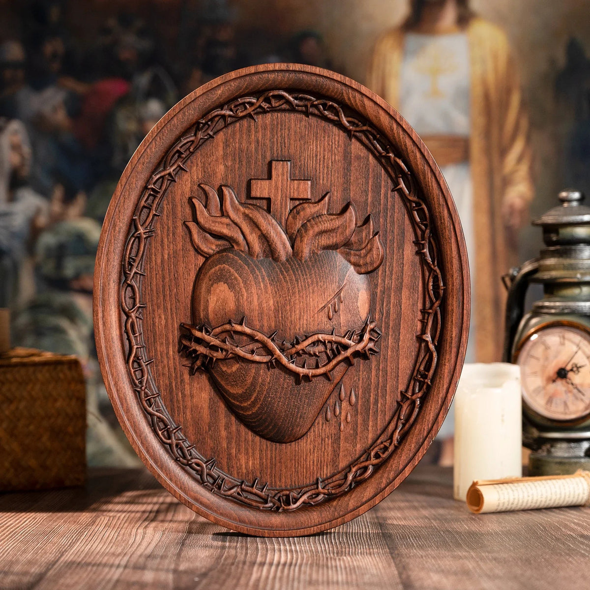 Sacred Family Three Sacred Hearts Wall Decoration Wood Sculpture - mokarve