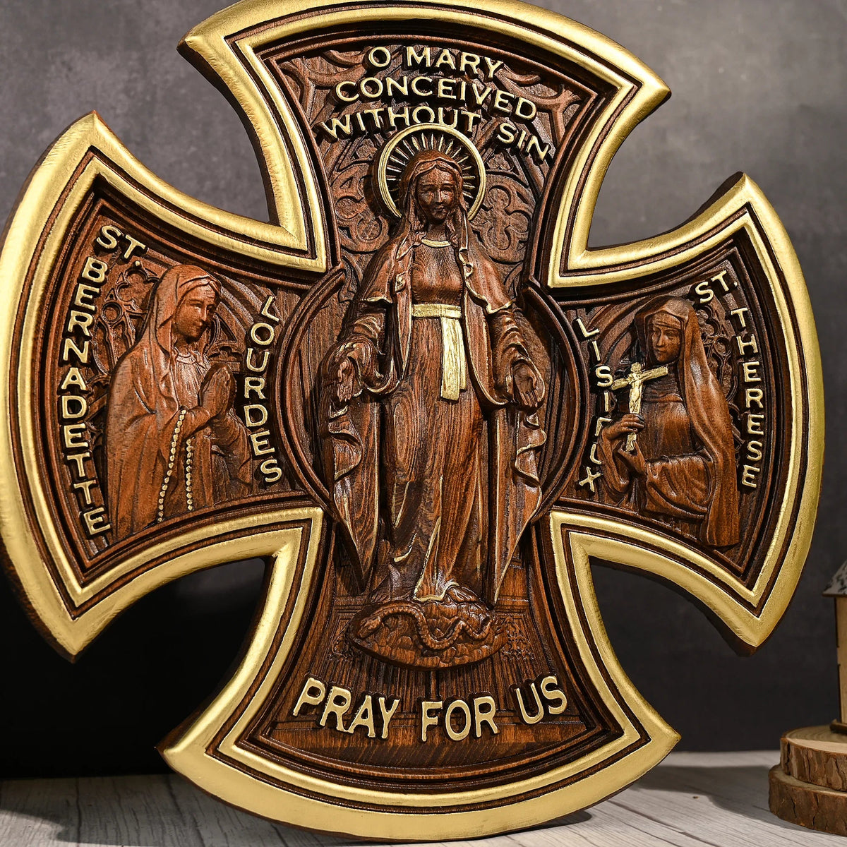 Trinity Jesus and Mary Wood Cross - mokarve