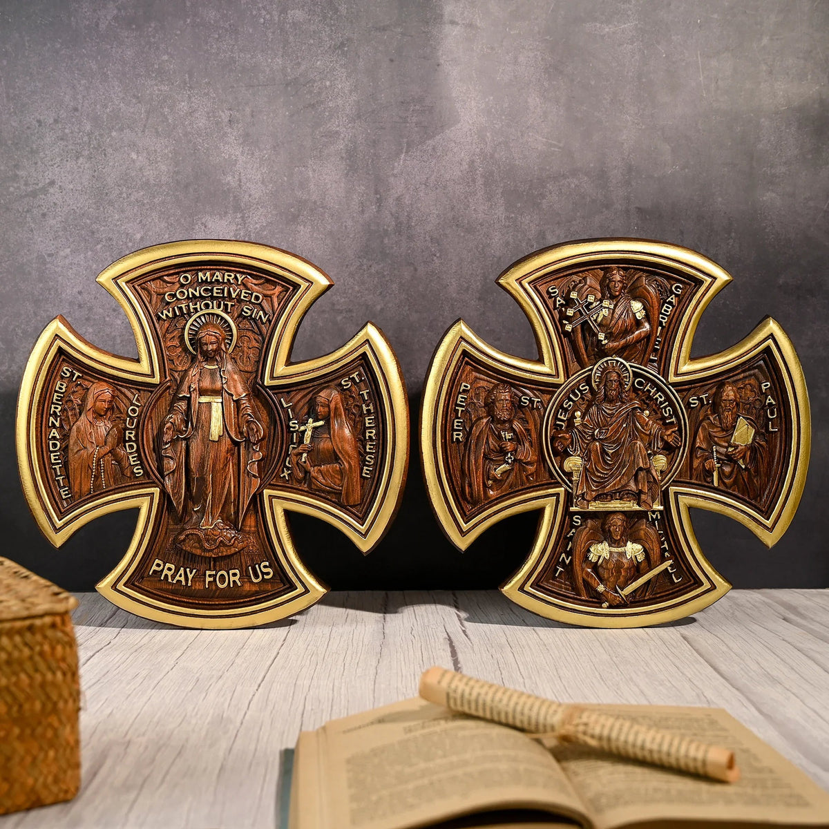 Trinity Jesus and Mary Wood Cross - mokarve