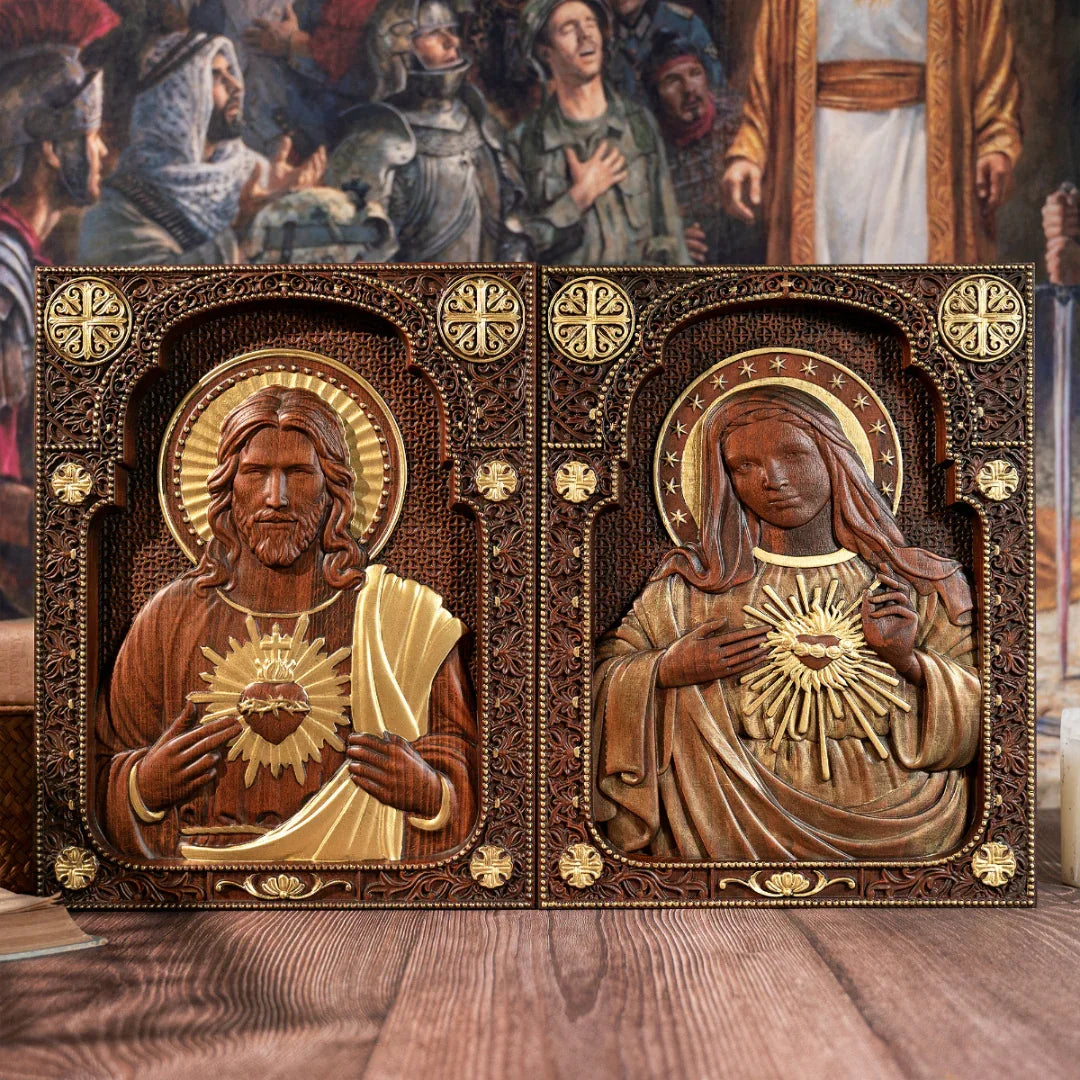 Our Lord Jesus Sacred Heart , Immaculate Heart of Mary Sacred Heart Wood Sculpture - For the FaithfulWood Carving - mokarve