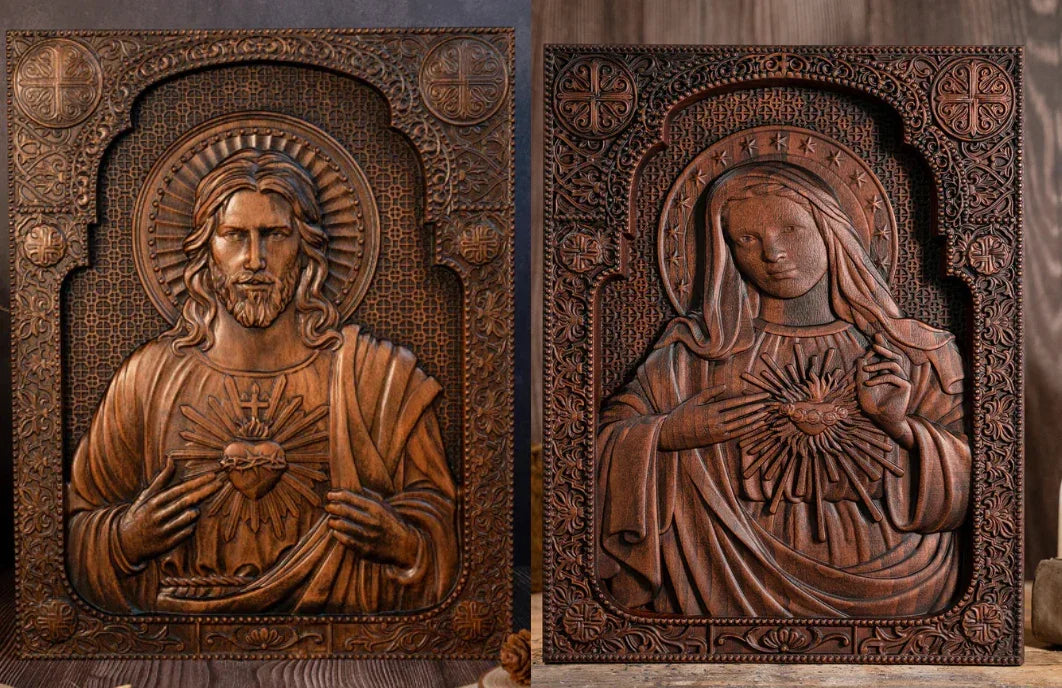 Our Lord Jesus Sacred Heart , Immaculate Heart of Mary Sacred Heart Wood Sculpture - For the FaithfulWood Carving - mokarve