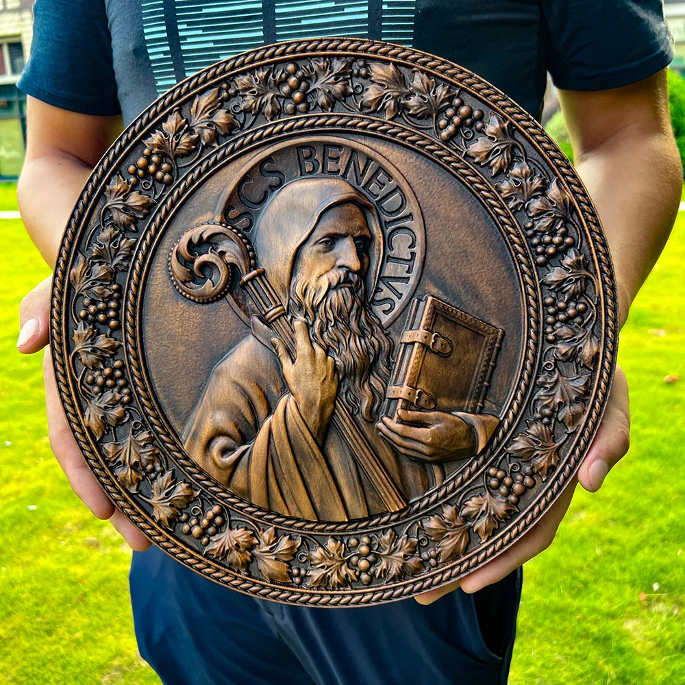 Saint Benedict religious icon, natural wood carved wall decoration - mokarve
