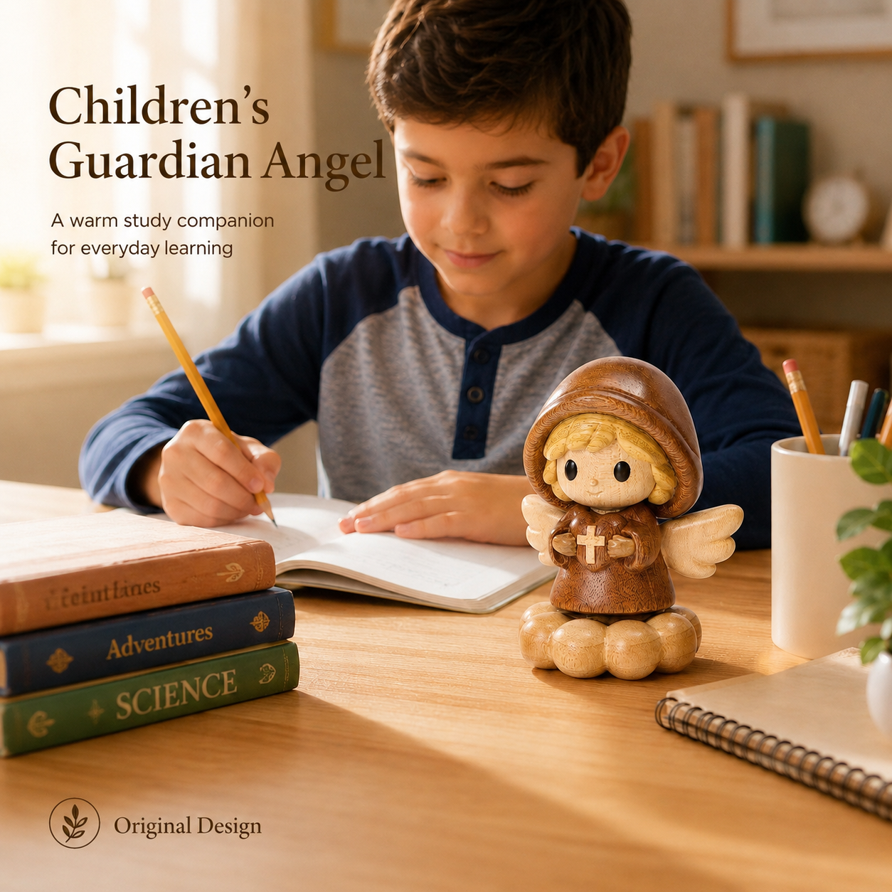 Wooden Angel Blessing Figurine – Original Wood Inlay Craft Gift Decor