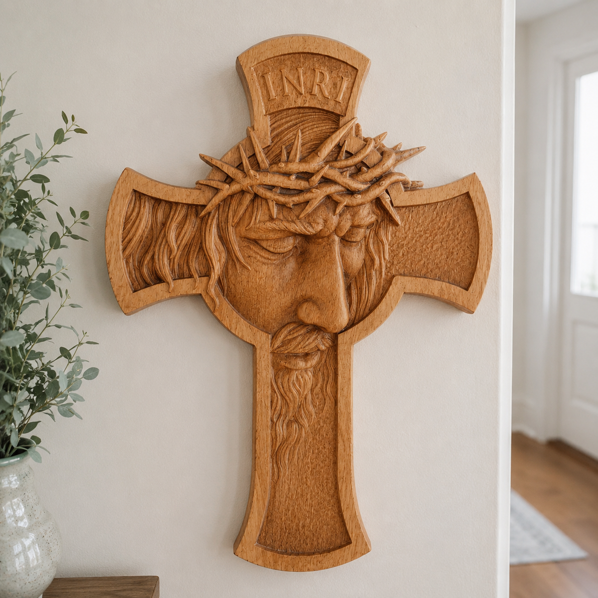 Sacred Thorn Crown Wooden Cross ✝ | Hand-Carved Beechwood Crucifix with Crown of Thorns - product view