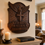 God Bless America Eagle Cross Wood Plaque - size and finish detail
