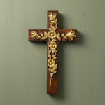 Hand-Carved Rose Cross Wall Art ✝🌹 | Solid Beechwood Christian Decor with Golden Flowers - side view