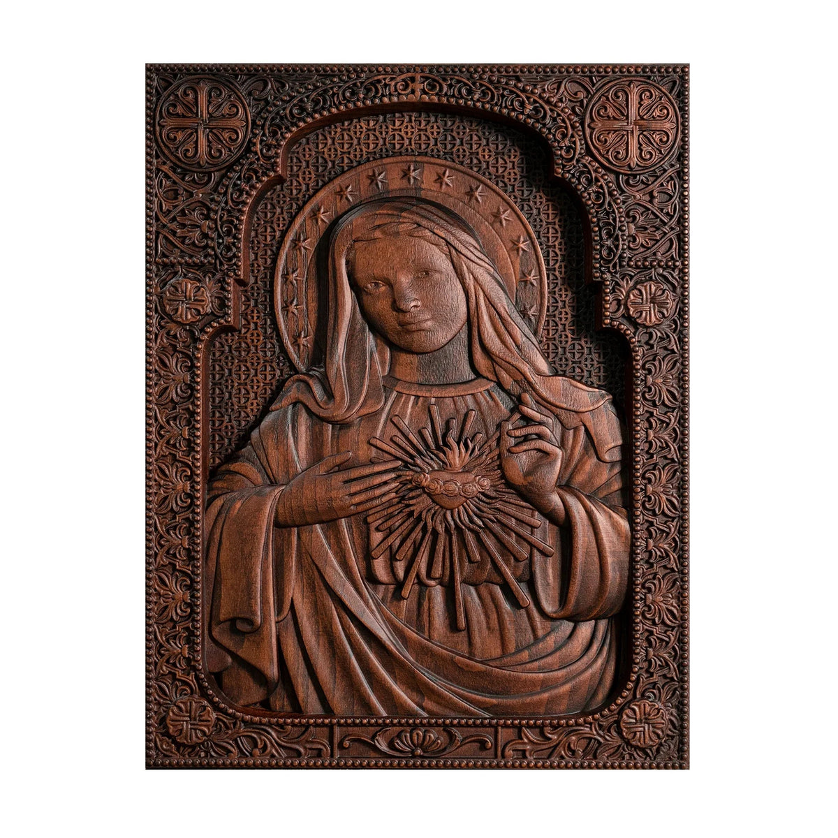 Immaculate Heart of Mary Wooden Mary statuary Christian home decor Our Lady birthday religious gift - mokarve