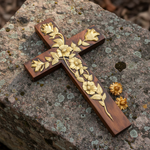 Hand-Carved Rose Cross Wall Art ✝🌹 | Solid Beechwood Christian Decor with Golden Flowers - design detail