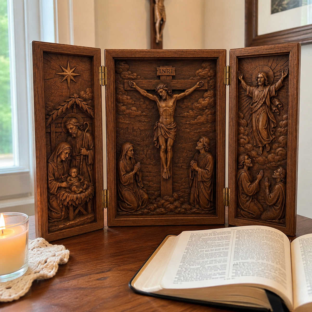 The Life of Christ Hand-Carved Beechwood Triptych – From Nativity to Resurrection Glory - craftsmanship detail
