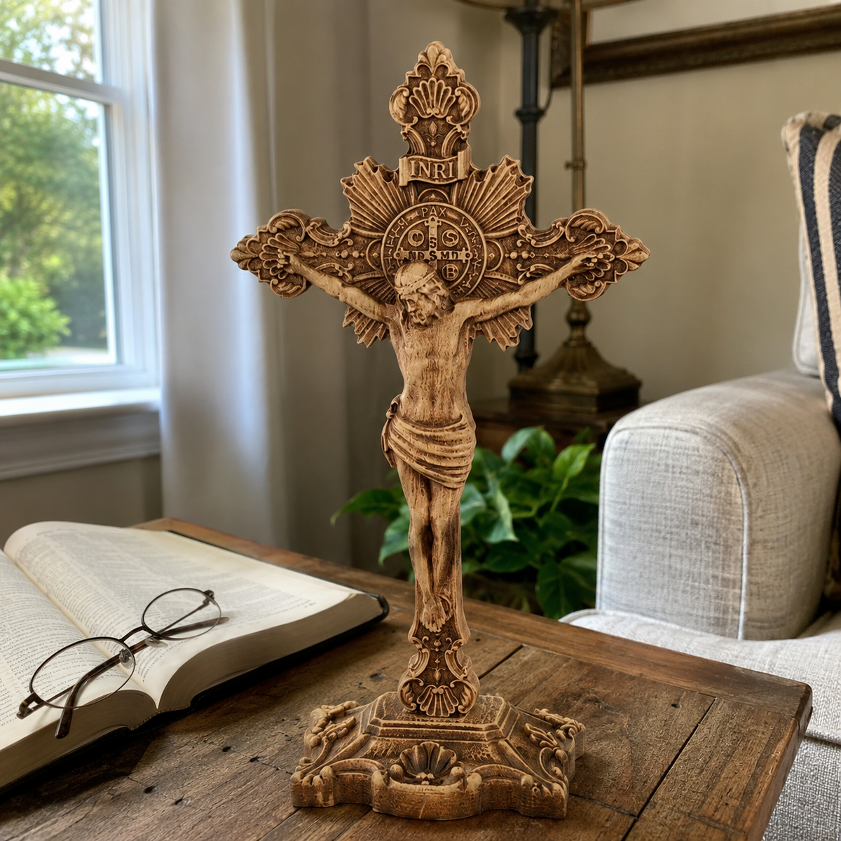 Wood carving of the Cross of the Order of Saint Benedict - with base