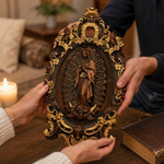Religious gift with rich details of the wooden statue of Our Lady of Guadalupe