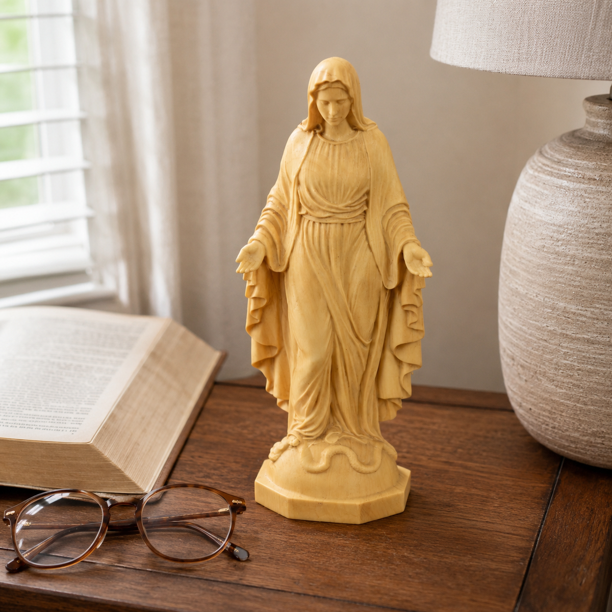 Hand Carved Sacred Heart of Jesus Virgin Mary Wooden Tabletop Ornament - gift presentation