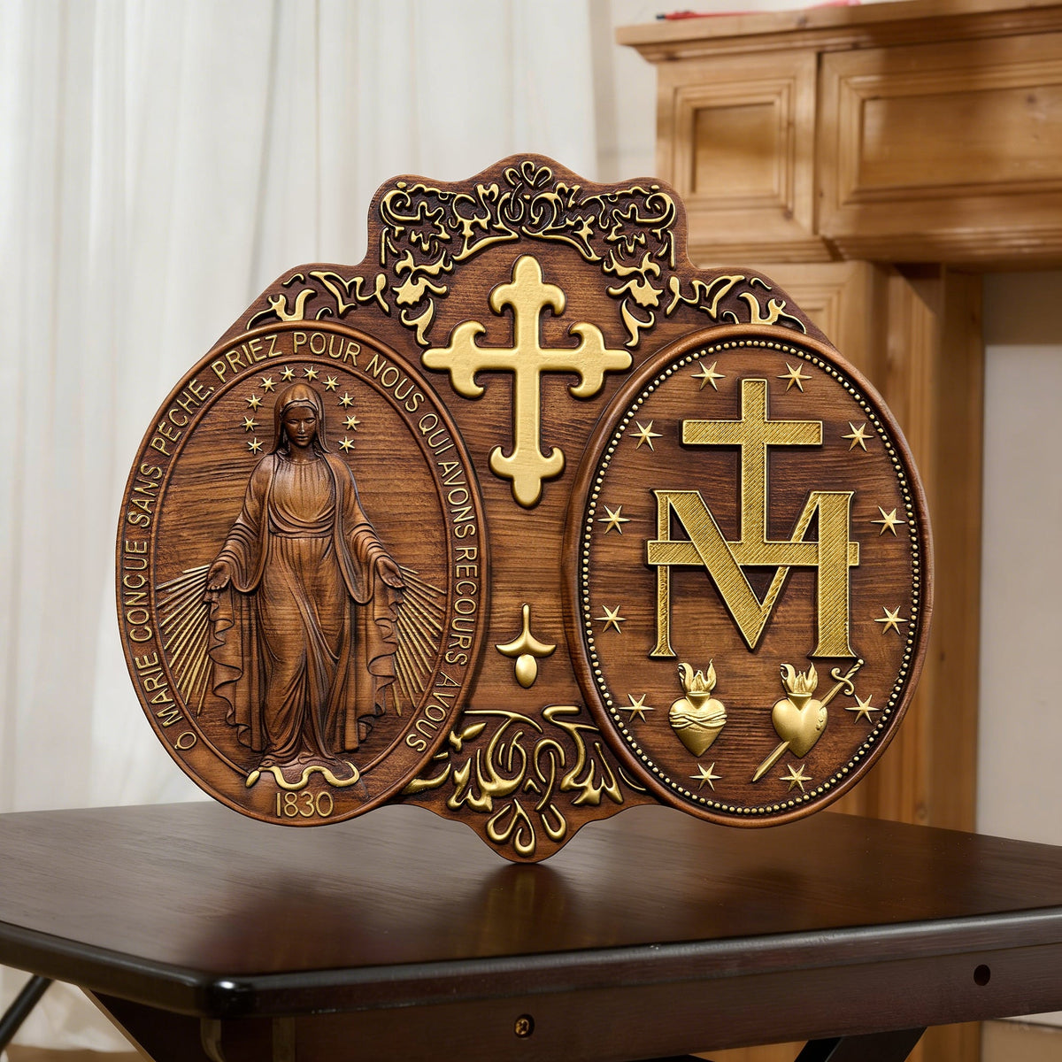 Miraculous Medal Wood Carving Decor - Medal of Our Lady of Graces - product view