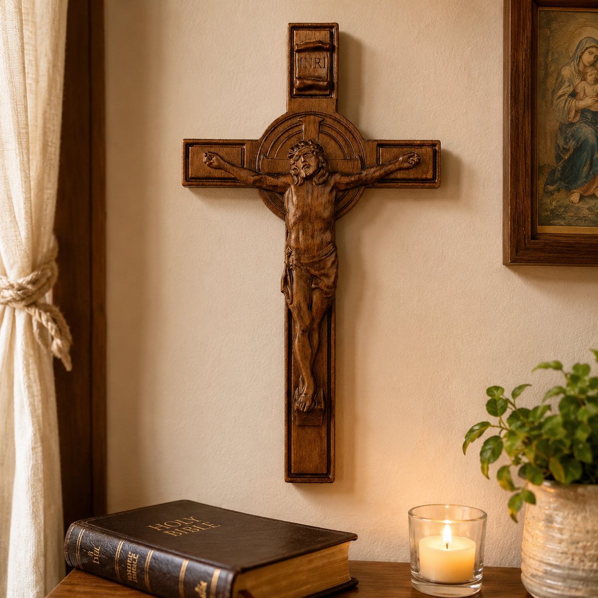 mokarve INRI Wood Carving Crucifix - design detail