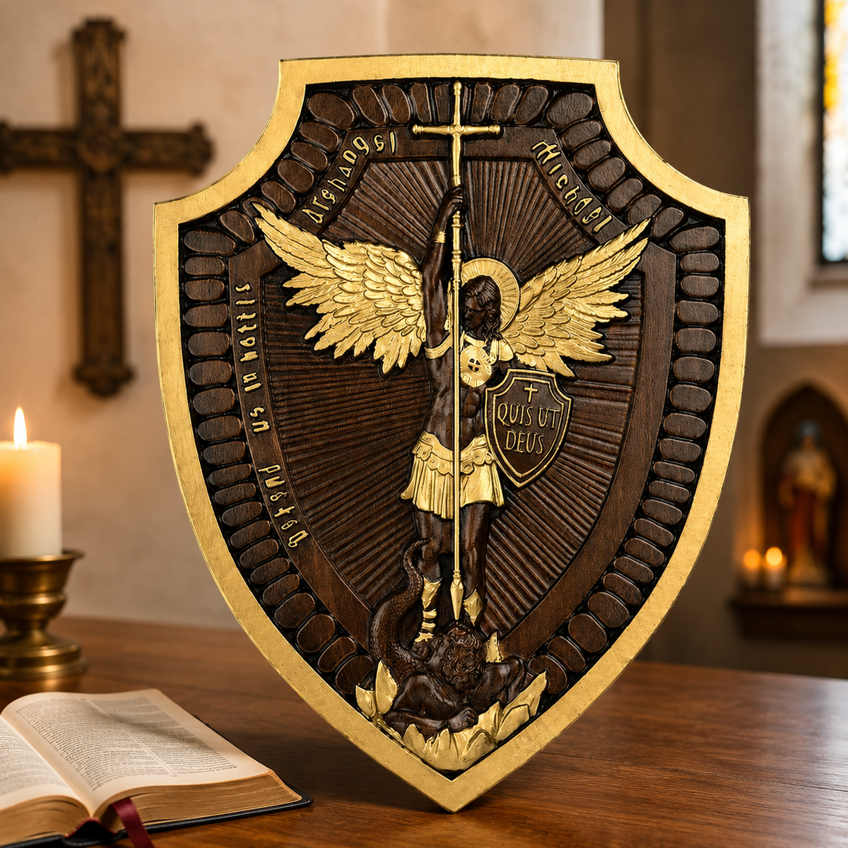 Archangel Michael Beechwood Carving front view for Christian home decor