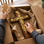 Hand-Carved Rose Cross Wall Art ✝️🌹 | Solid Beechwood Christian Decor with Golden Flowers