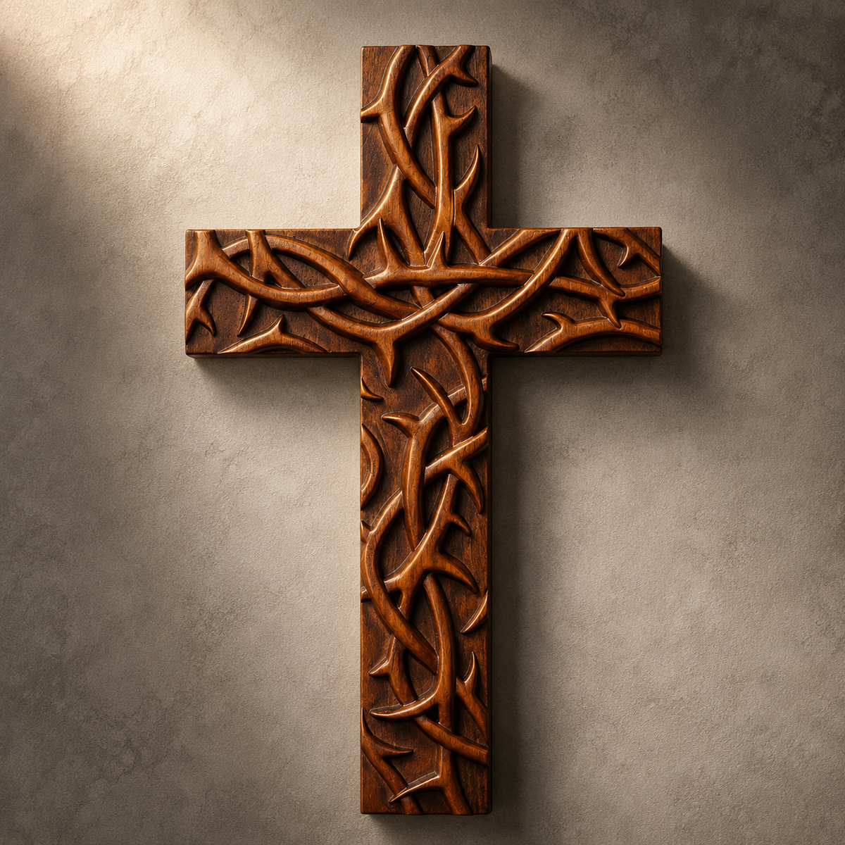 Hand-Carved Beechwood Crown of Thorns Wall Cross - size and finish detail