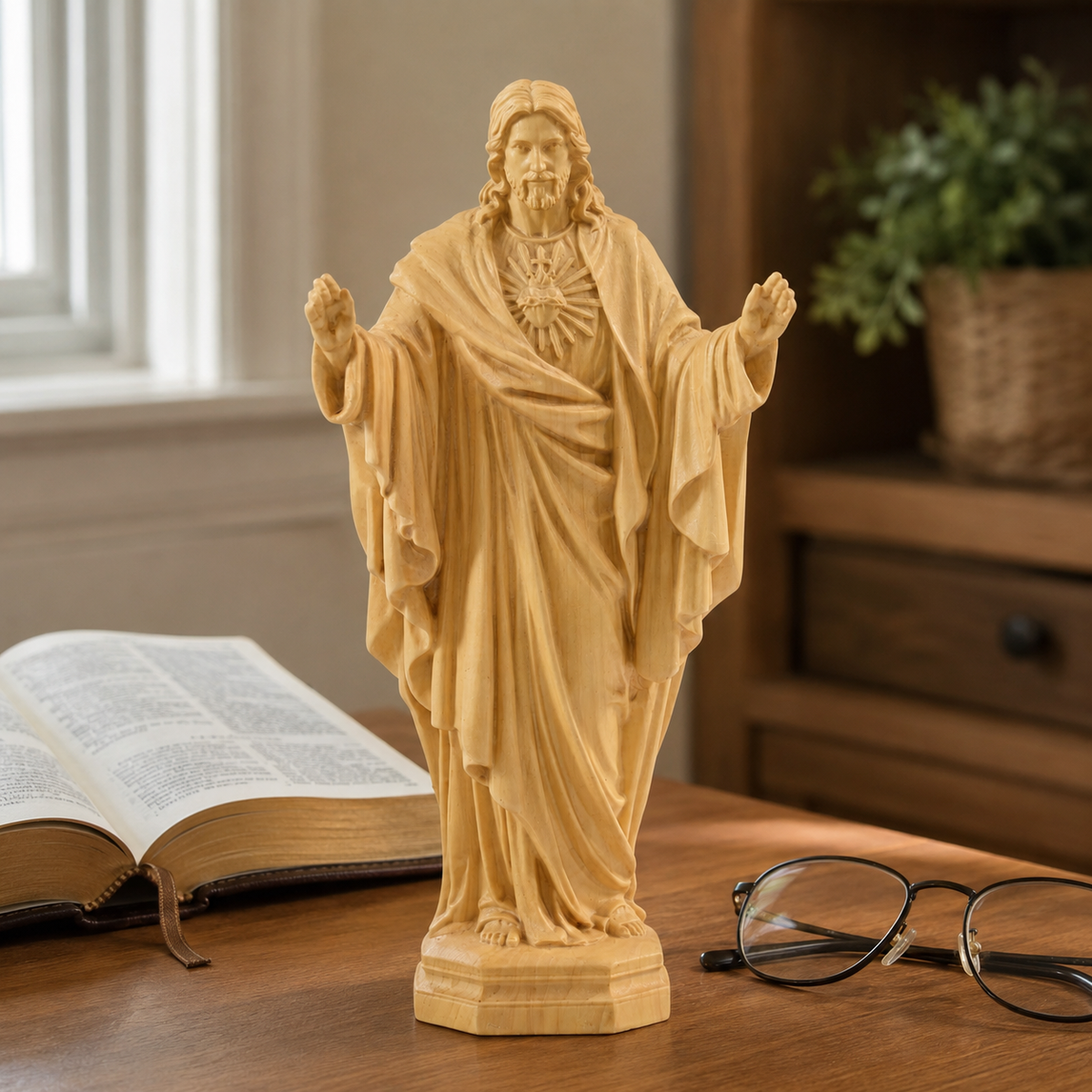 Hand Carved Sacred Heart of Jesus Virgin Mary Wooden Tabletop Ornament - size and finish detail