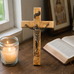 Holy City Wood Olive Wood Crucifix with Bronze Christ — Handcrafted Prayer Cross - Christian gift presentation
