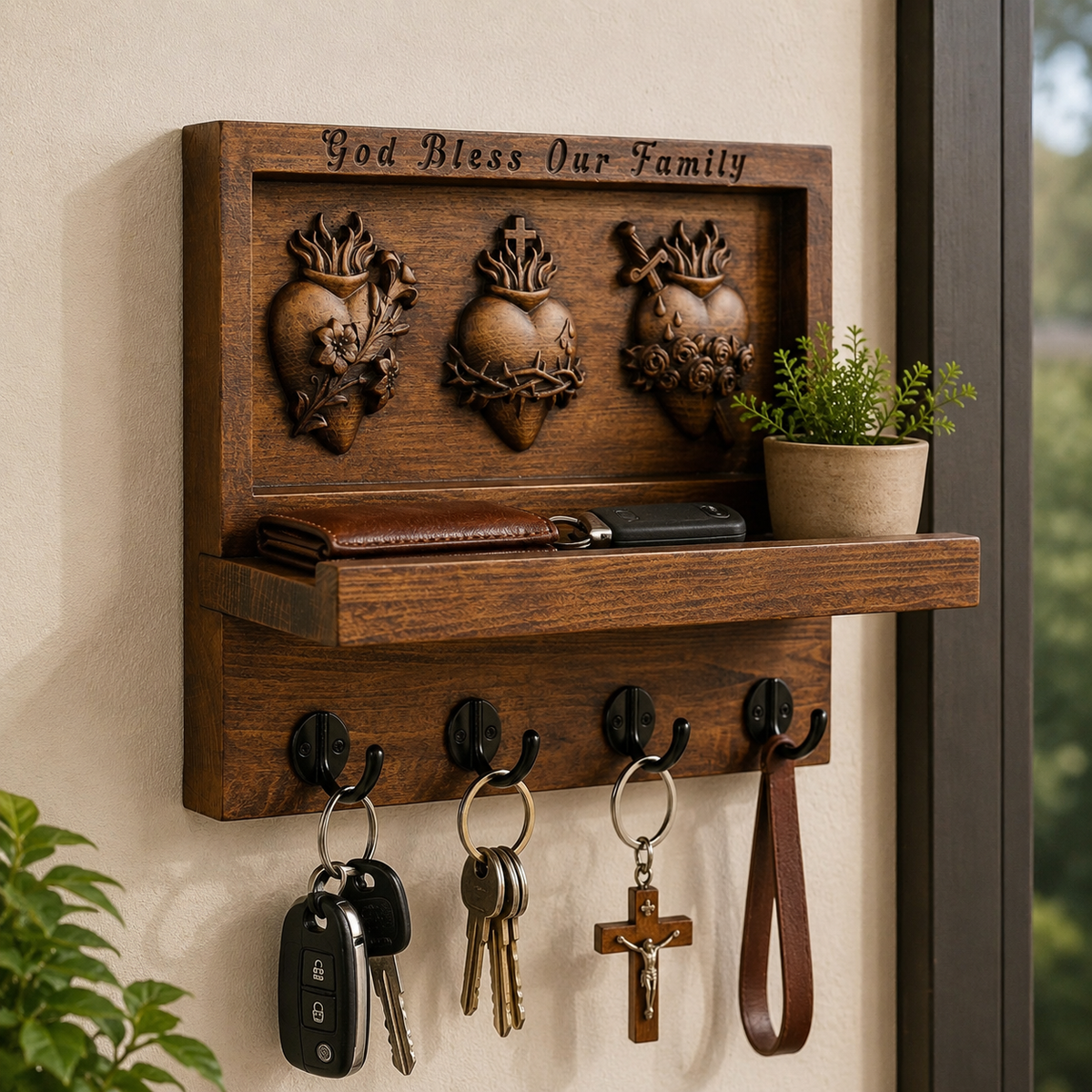 Hand-Carved Sacred Hearts Wooden Key Holder – God Bless Our Family Wall Organizer