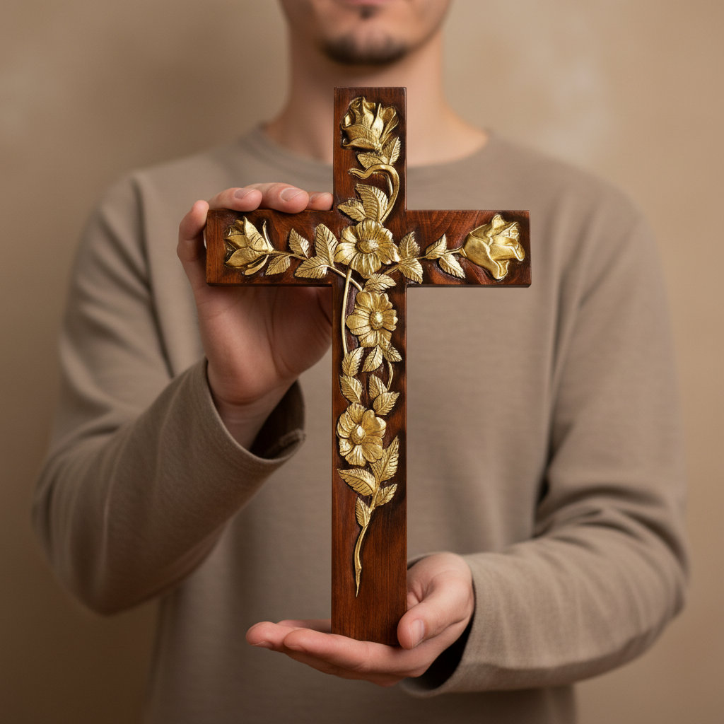 Hand-Carved Rose Cross Wall Art ✝️🌹 | Solid Beechwood Christian Decor with Golden Flowers for Christian home decor and prayer spaces