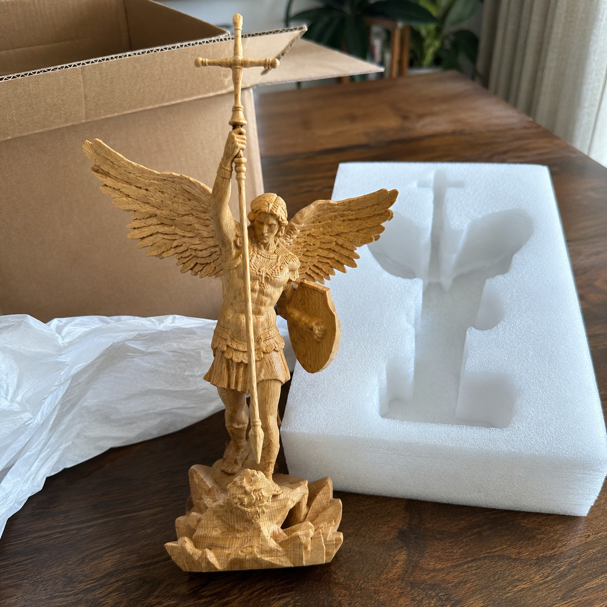 St. Michael the Archangel - Hand Carved Boxwood Sculpture - Spiritual Guardian for Prayer Spaces - Christian gift presentation