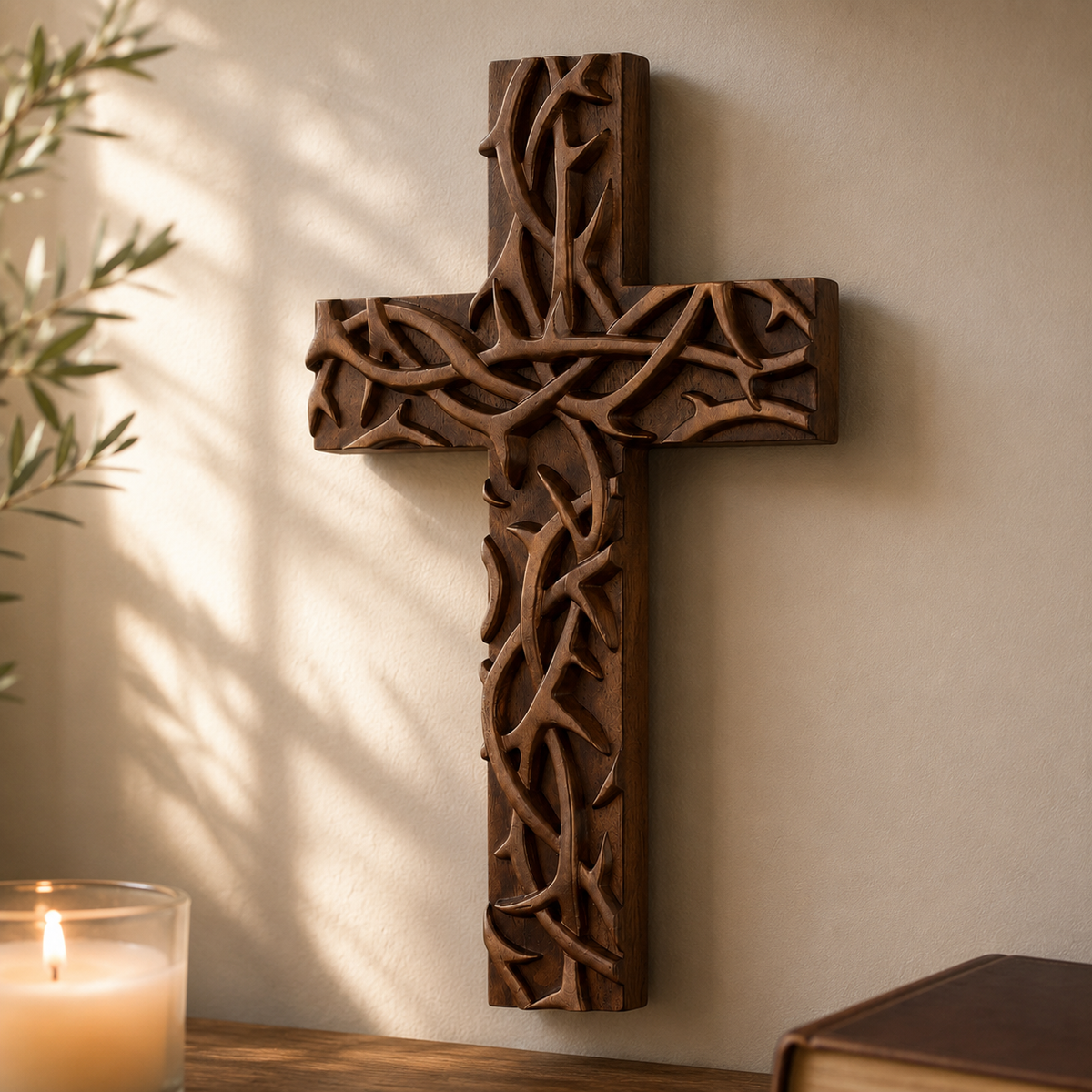 Hand-Carved Beechwood Crown of Thorns Wall Cross for Christian home decor and prayer spaces