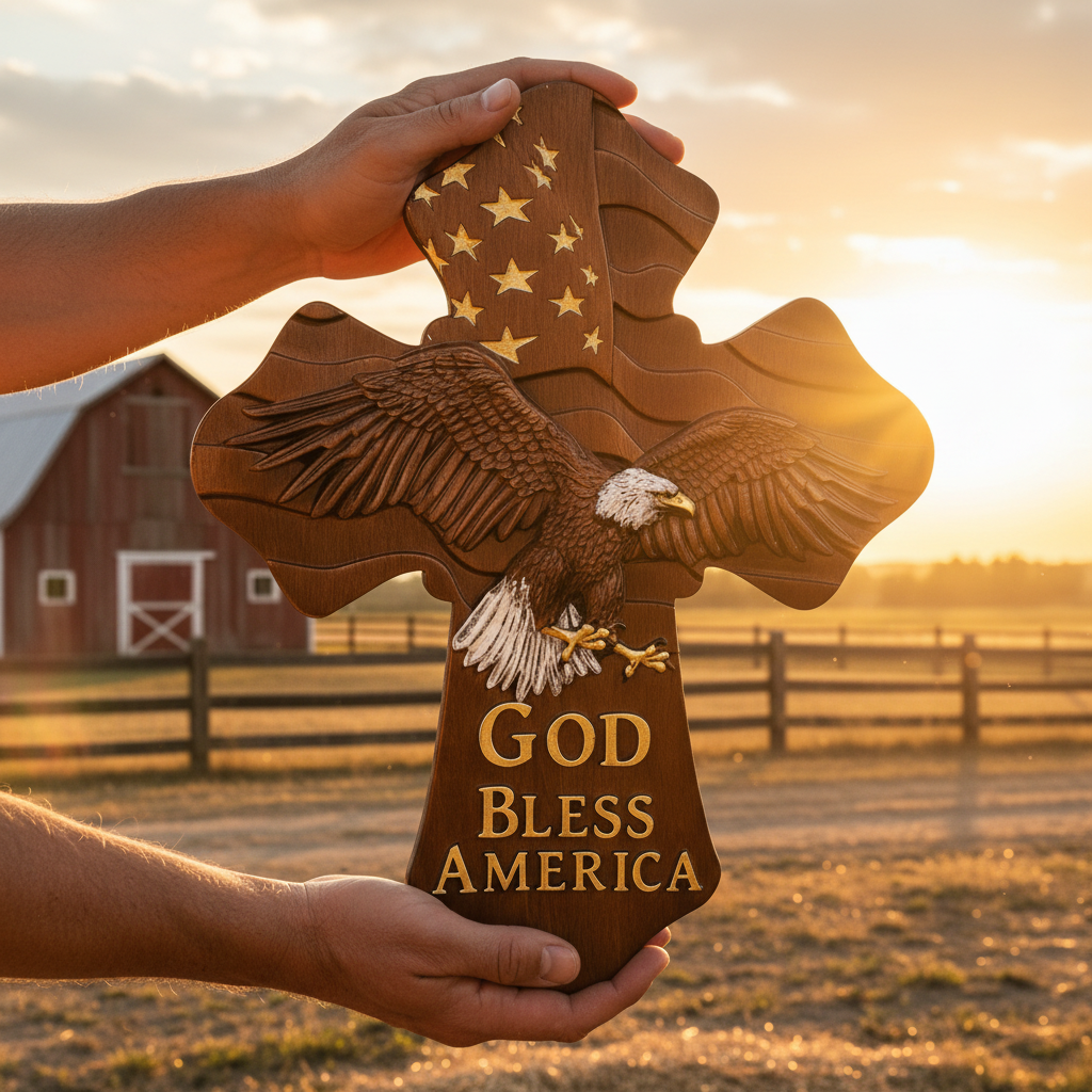 American Eagle Wooden Cross – God Bless America for Christian home display and prayer spaces