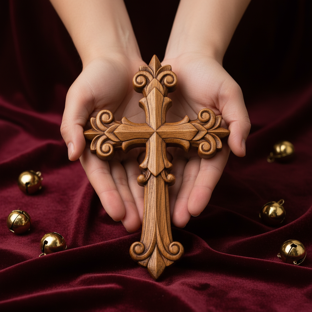 Ornate Wooden Cross - Carved from natural wood for Christian home decor and prayer spaces