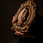 Religious gift with rich details of the wooden statue of Our Lady of Guadalupe - craftsmanship detail